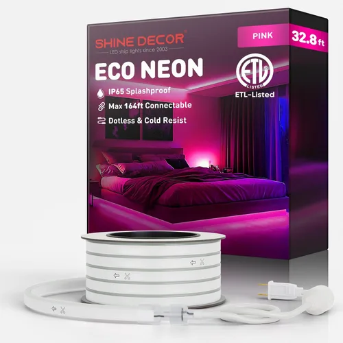 Vista 55 de Shine Decor Tira de luces LED de cuerda AC 120V, tira de neón eco sin puntos de 120LEDs/M, conectable y cortable, ETL IP65 impermeable y resistente