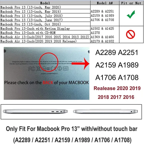 Vista 2 de RUBAN Compatible con MacBook Pro de 13 pulgadas 2023, 2022, 2021-2016 M2 M1 A2338 A2289 A2159 A2251 A1989 A1708 A1706 consin barra táctil, carcasa