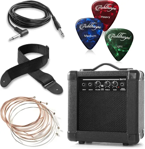 Vista 7 de Ashthorpe Paquete de guitarra eléctrica acústica Dreadnought de tamaño completo con amplificador de 10 W, color negro