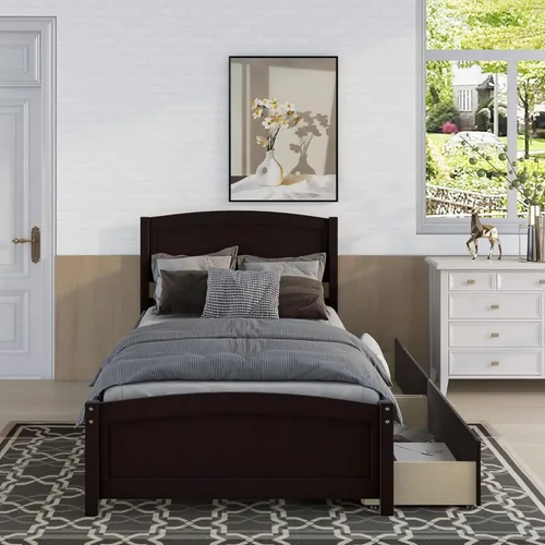 Vista 3 de Harper & Bright Designs Base de cama individual, plataforma de madera con dos cajones, cabecero, estribo y soporte de listones de madera (expreso)