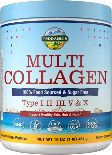 Terranics Polvo de péptidos de colágeno múltiple, colágeno hidrolizado tipo I II III V X para mujeres y hombres, suplementos de colágeno, disolución