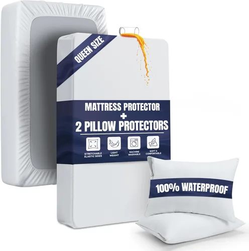 Vista 9 de Protector de colchón impermeable y funda de almohada, tamaño individual, incluye 1 protector de almohada con cremallera y 1 juego de funda