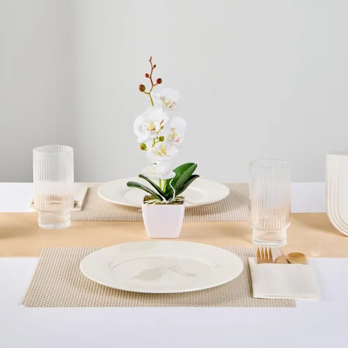 Vista 6 de Restaurantware - Orquídeas artificiales de 4 x 14 pulgadas, 12 orquídeas falsas en maceta, 5 flores, uso como centro de mesa, decoración del hogar u
