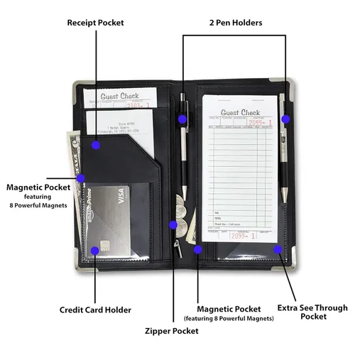 Vista 4 de Premium libreto para un servidor 5x9 con 11 bolsillos, 2 bolsillos magnéticos, 2 soportes para bolígrafos, bolsillo con cremallera