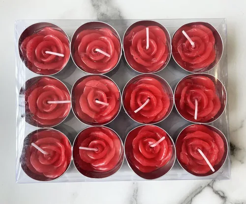 Vista 10 de Velas de té de rosa, 12 piezas hechas a mano delicadas velas de flores con 100 pétalos de rosa de seda, mini discos de vela para bodas