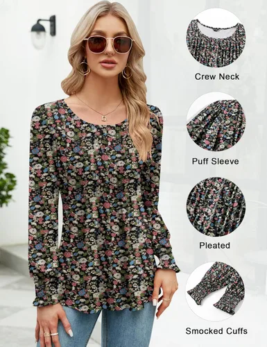 Vista 2 de LOMON Blusa de manga larga y corta para mujer, plisada, cuello redondo, estilo casual, holgada, para otoño