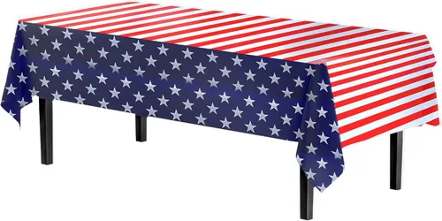 Vista 2 de Party Solids Paquete de 12 manteles rectangulares de plástico con diseño de bandera estadounidense de alta calidad, mantel desechable de plástico