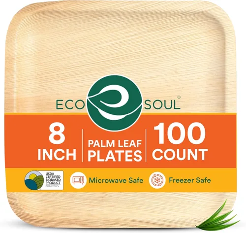 Vista 12 de ECO SOUL Platos de Hoja de Palma de 6" Cuadrados (50 Unidades) – Desechables, Ecológicos, Platos de Aperitivo de Bambú Biodegradables – Vajilla