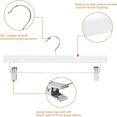 Vista 2 de Yaxa Basics Perchas de madera duraderas para pantalones y faldas con clips, color blanco, paquete de 10