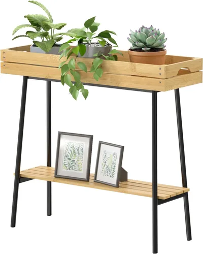 Vista 10 de BAMBANG Soporte de bambú para plantas de interior, mesa pequeña de 2 niveles, soporte alto para plantas de interior, estante para plantas