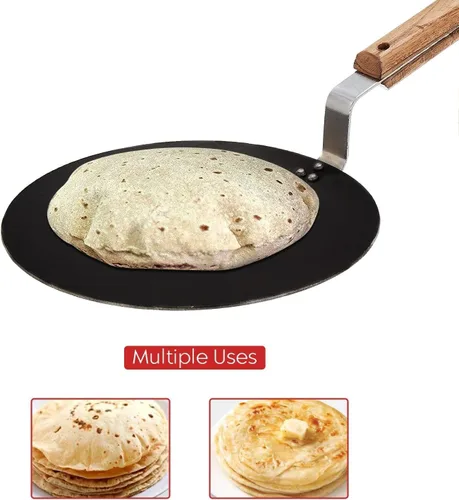 Vista 6 de PANCA Tawa de hierro para Roti, Chapati, Dosa Loha Tawa con mango de madera premium, 100% libre de toxinas, larga duración, negro