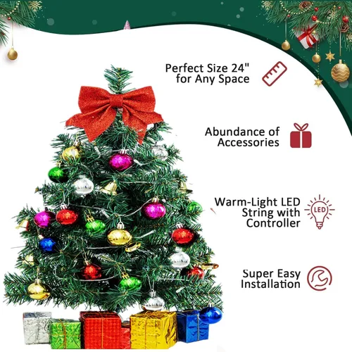 Vista 2 de Árbol de Navidad Mini Pequeño con Luces LED y Adornos, Decoración Artificial de Navidad de Mesa para Interiores, Decoración Navideña 60 cm/24" 2025