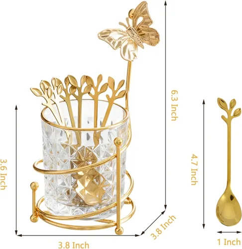 Vista 3 de Juego de 6 cucharas de café con soporte de vidrio, Juego de cucharas pequeñas de té de acero inoxidable dorado, Juego de mini cucharas de postre