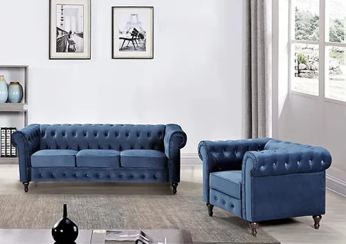 Vista 25 de Teressa Sofá biplaza Chesterfield de terciopelo para sala de estar, apartamento u oficina, sofá moderno de dos plazas de mediados de siglo