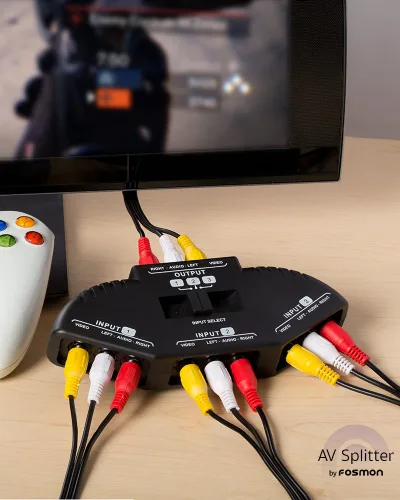 Vista 2 de Fosmon Interruptor y divisor RCA de 3 vías, selector de audio y video estéreo de 3 entradas (hembra) y 1 salida (hembra) con cable de conexión AV