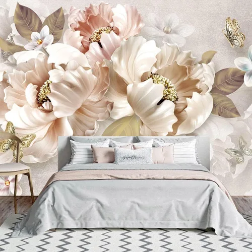 Vista 2 de Bormia Papel pintado floral 3D Peony Butterfly Mural de pared para sala de estar dormitorio (no despegar ni pegar)