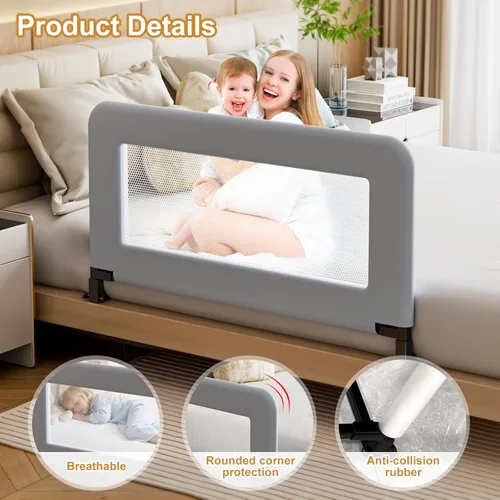 Vista 5 de Barandilla protectora de cama para bebé, barandilla de seguridad de metal resistente para cama individual, cuna, Queen, litera, camas laterales