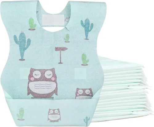 Vista 9 de Baberos desechables para bebés, 25 unidades, forro a prueba de fugas, bolsillo para atrapar alimentos para bebés de 6 a 18 meses