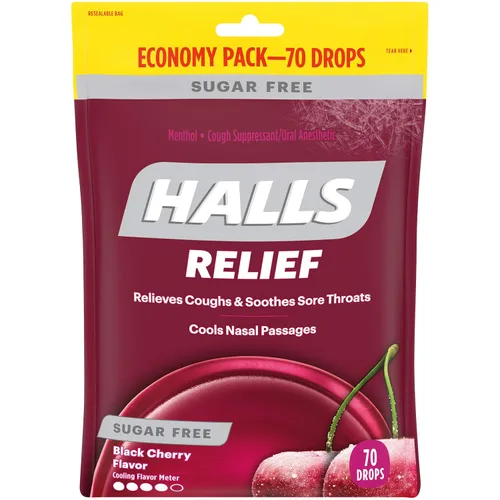 HALLS Relief - Gotas para la tos con sabor a cereza negra, sin azúcar, paquete económico, 1 bolsa (70 gotas en total)