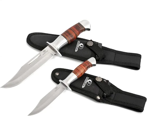 Mossy Oak Cuchillo Bowie de hoja fija, cuchillo de caza de 2 piezas con mango de cuero con patrón láser, funda incluida