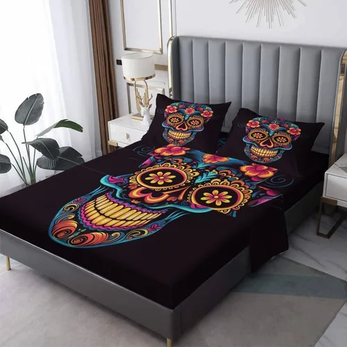 Vista 8 de Juego de sábanas de calavera de azúcar tamaño individual, sábanas de microfibra suave y bolsillo profundo y sábanas y fundas de almohada, 1 sábana