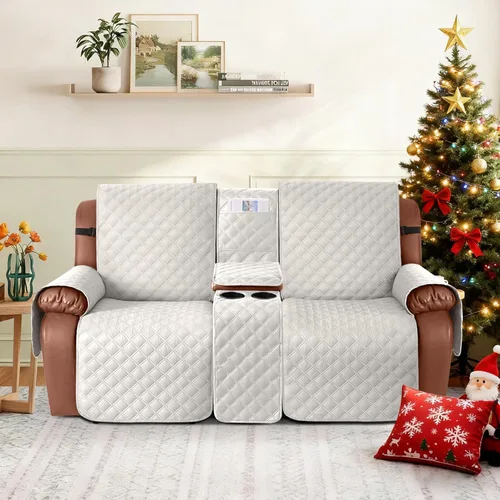 Vista 8 de Ruaozz Funda impermeable para sofá biplaza reclinable con consola, funda antideslizante para sofá reclinable dividido, con correas elásticas, Beige