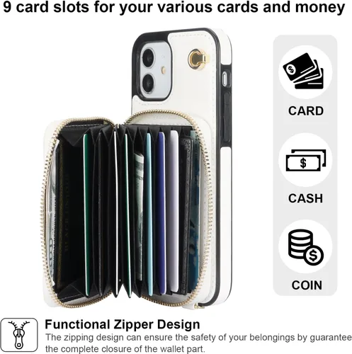 Vista 4 de Bocasal Funda tipo cartera cruzada para iPhone 12/12 Pro, funda de piel con bloqueo RFID y soporte para tarjetas, funda protectora con cremallera