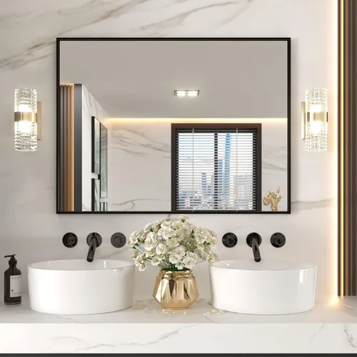 Vista 14 de LOAAO Espejo de Baño de Pared Rectangular Negro de 20"X30", Marco de Aleación de Aluminio Negro Mate, Vidrio Templado, se Cuelga Vertical u
