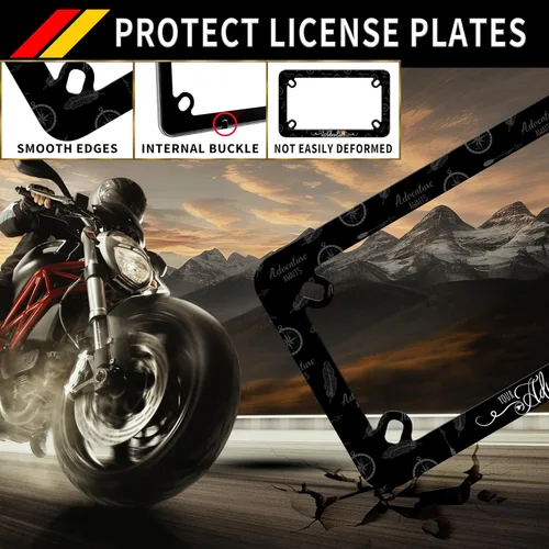 Vista 4 de Marco de matrícula de motocicleta Adventure Awaits con brújula y plumas tribales, material de acero inoxidable, divertido soporte para placa