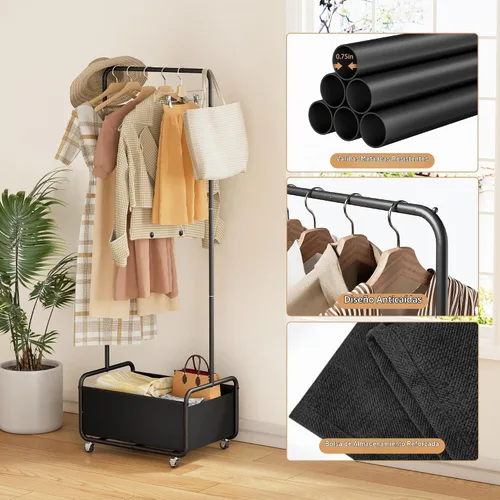 Vista 5 de Dunatou Perchero pequeño con ruedas y cesta inferior – Perchero resistente para espacios pequeños, perchero con ruedas para espacios pequeños