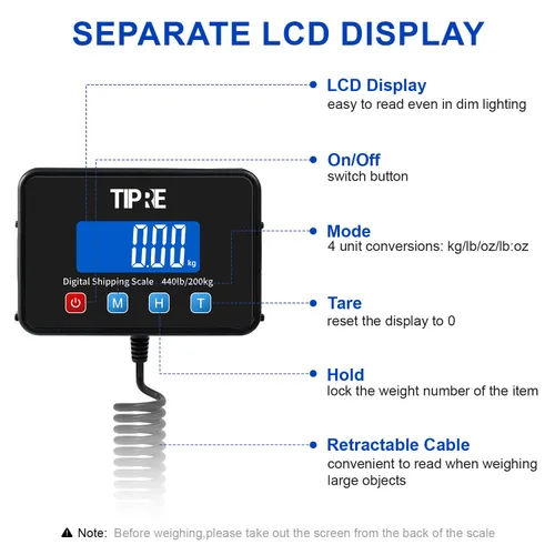 Vista 3 de TIPRE Báscula postal de envío digital de 440 libras/0.5 onzas de precisión. Báscula de peso comercial de fibra de carbono ligera para paquetes