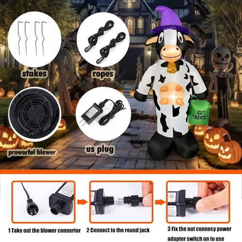 Vista 6 de Decoración inflable de vaca de Halloween de 4 pies con luz LED, decoración inflable de Halloween al aire libre para fiesta de Halloween