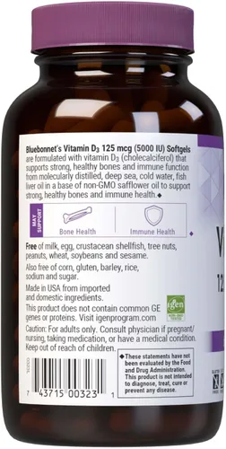 Vista 3 de Bluebonnet Nutrition Vitamina D3 - Cápsulas blandas de 5000 UI, ayuda en el crecimiento muscular y esquelético, colecalciferol de aceite de pescado