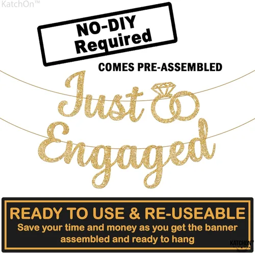 Vista 2 de KatchOn, Cartel dorado con purpurina «Just Engaged», de 10 pies, «No hazlo tú mismo» Cartel de compromiso para decoraciones de compromiso