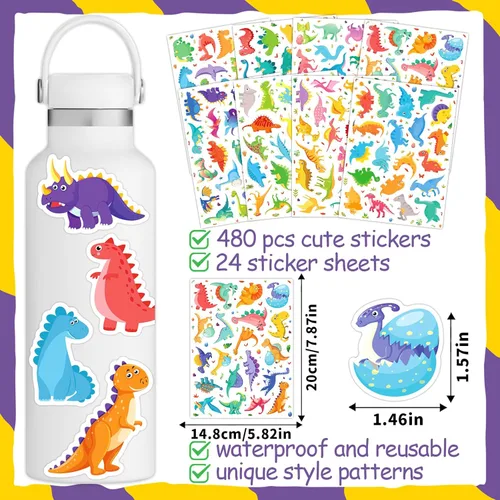 Vista 3 de Paquete de 480 calcomanías de dinosaurio para botellas de agua para niños y adultos, vinilo impermeable, lindas calcomanías de dinosaurio