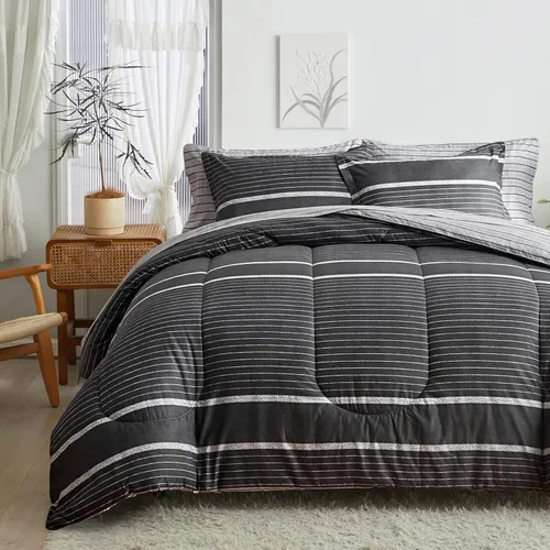 Vista 9 de Flysheep Juego de edredón bohemio de 3 piezas, tamaño Full/Queen, verde salvia, blanco y gris a rayas estampado, juego de ropa de cama de microfibra