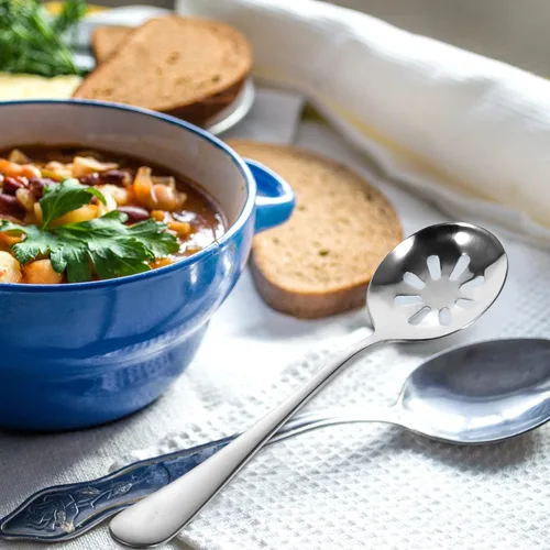 Vista 7 de Luxshiny 2 cucharas de servir, cucharas ranuradas, cucharas perforadas, utensilios de servir de acero inoxidable, cuchara de buffet para bufé, lata