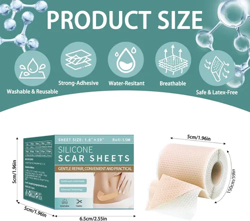 Vista 2 de Hojas de silicona para cicatrices quirúrgicas, reutilizables, cinta de silicona profesional para la cara, acné, cesárea, estrías, golpes queloides