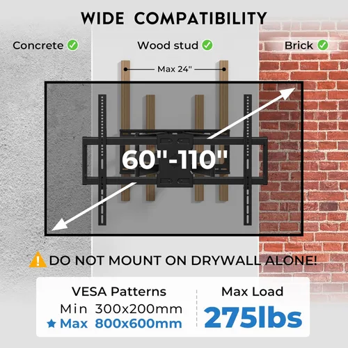 Vista 3 de Soporte de pared para TV de carga pesada con brazo extra largo extensible para televisores de 60–110 pulgadas, soporta hasta 125 kg, soporte