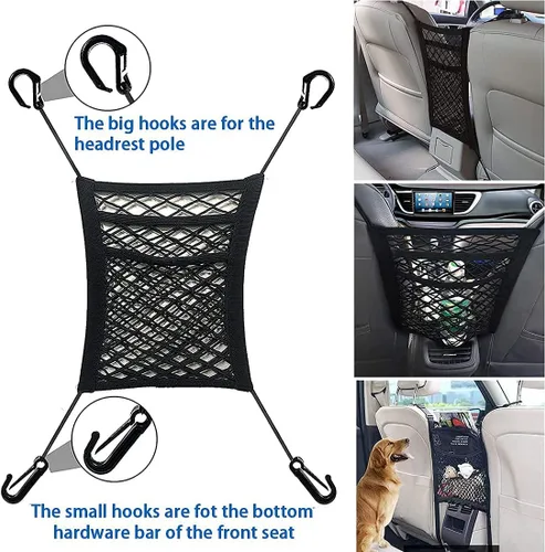 Vista 5 de 3-Layer Car Mesh Organizer, Seat Back Net Bag, Barrier of Backseat Pet Kids, Cargo Tissue Purse Holder, Driver Storage Netting Pouch（Upgrade Stretch