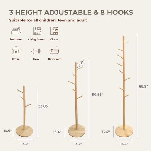 Vista 9 de Perchero y soporte de madera maciza, colgador de ropa independiente con 8 ganchos y 3 alturas ajustables, perchero, soporte para sombreros, Natural