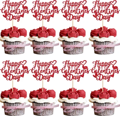 Vista 17 de 24 piezas de decoración para cupcakes para el día de San Valentín, diseño de oso de corazón con purpurina rosa "I Do I Do Cupcake Picks Be Mine