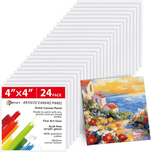 Simetufy Paquete de 24 mini tableros de lienzo de 4 x 4 pulgadas, 100% algodón imprimado sin ácidos para óleo, acuarela y pintura acrílica,