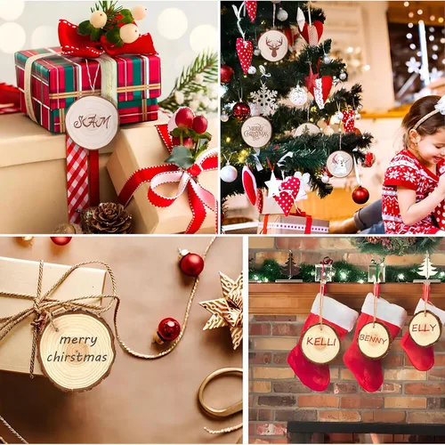 Vista 6 de SENMUT Rebanadas de madera natural, 30 unidades de círculos de madera preperforados de 2.0 a 2.45 pulgadas para manualidades, rebanadas de madera