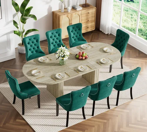 Vista 36 de Pvillez Extendable Dining Table Set of 8, Black Oval Dining Room Table & 8 Black Velvet Dining Chairs with Wood Leg, 62.99"-78.74" Kitchen Table and