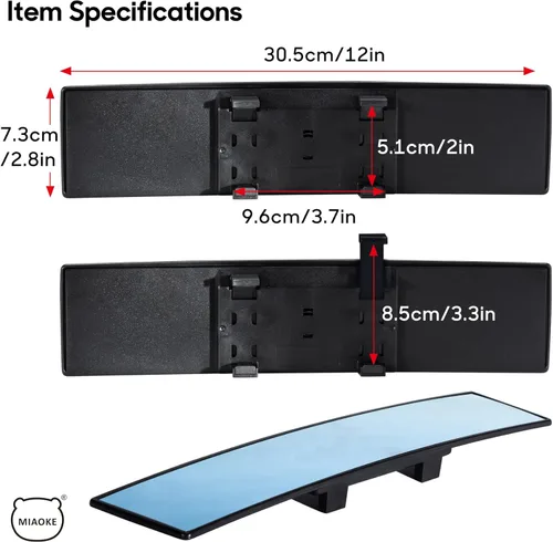 Vista 6 de Espejo retrovisor, Blu-Ray espejo de coche de 12 pulgadas antirreflejo, fácil de instalar, universal para todo el coche, gran angular panorámico