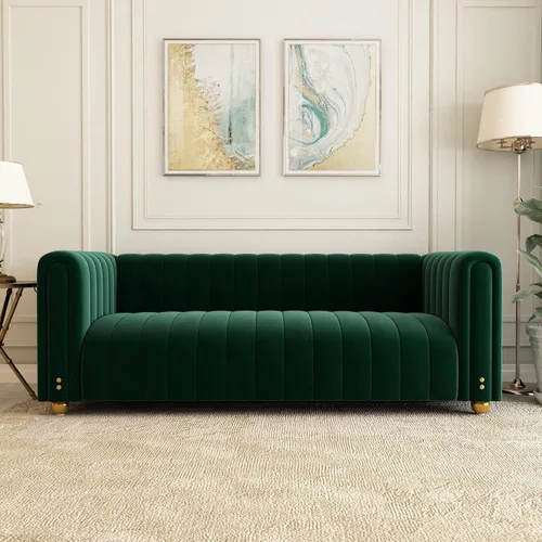 Sofá de terciopelo verde de 81 pulgadas, moderno sofá de mediados de siglo para 3 personas, sofás de terciopelo copetudos Chesterfield para sala de