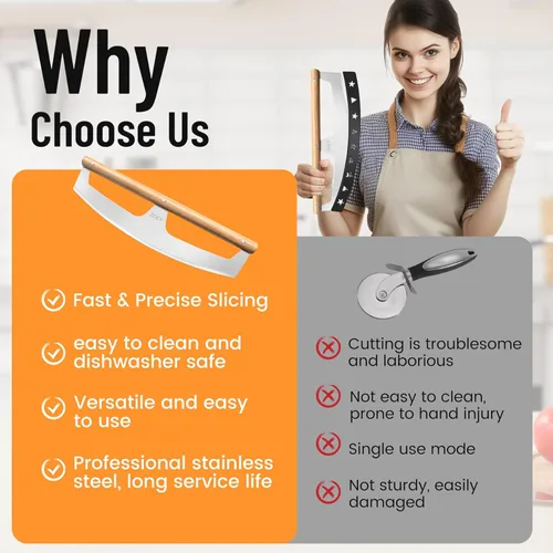 Vista 8 de Zocy - Cortador de pizza con asas de madera y cubierta protectora de acero inoxidable afilado de 14 pulgadas, cortador de cuchillos de pizza grande