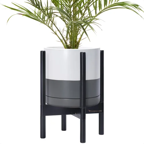 Vista 73 de D'vine Dev Maceta de cerámica con soporte de ébano – Maceta redonda moderna de 8 pulgadas con soporte para maceta de madera, color negro, 55-B-M-2