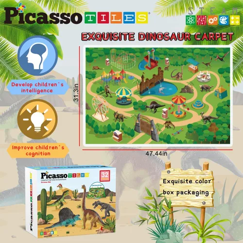 Vista 8 de PicassoTiles Juguetes de dinosaurio con tapete de juego de 32 piezas, juego de dinosaurios, kit de aprendizaje de actividades STEAM con libro